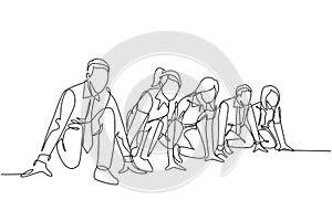 One single line drawing group of businessman and businesswoman get ready on start line to do sprint race. Business running