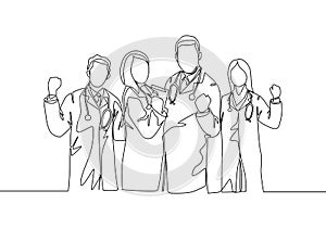 One single line drawing of group of male doctor and female doctor celebrating their successful cure a patient. Medical health care