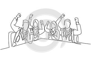 One single line drawing of group of male doctor and female doctor celebrating their successful cure a patient. Medical health care