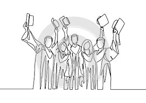 One single line drawing of group of male and female college student lift up their cap to the air to celebrate their school