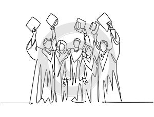 One single line drawing of group of male and female college student lift up their cap to the air to celebrate their school