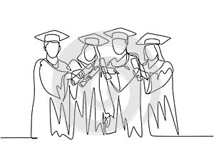 One single line drawing of group of male and female college student show their graduation letter to celebrate their graduate from
