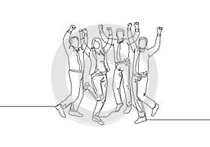 One single line drawing group of young happy male and female workers jumping in the office room together. Business teamwork