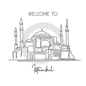 One single line drawing Hagia Sophia or Aya Sofia museum. World famous place in Turkey. Tourism travel wall decor poster print