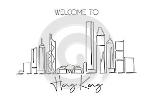 One single line drawing of Hong Kong city skyline, China. Historical town landscape home wall decor art poster print. Best holiday
