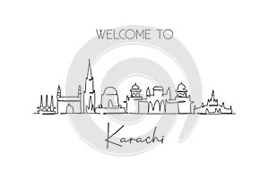 One single line drawing of Karachi city skyline, Pakistan. Historical town landscape in world. Best holiday destination postcard.