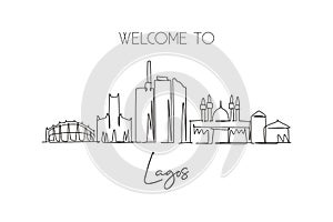 One single line drawing of Lagos city skyline, Nigeria. Historical town landscape home wall decor poster print art. Best holiday