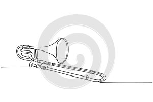 One single line drawing of luxury bass trombone. Wind music instruments concept continuous line draw graphic design vector