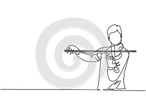 One single line drawing of male violinist performing to play violin on music festival. Trendy musician artist performance concept