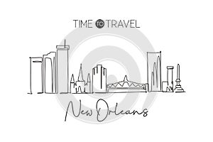 One single line drawing of New Orleans city skyline, Louisiana. Historical town landscape in the world. Best holiday destination.