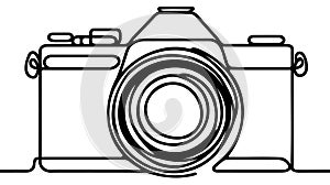 One single line drawing of old retro analog slr camera with telephoto lens.