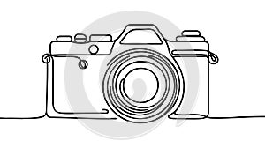 One single line drawing of old retro analog slr camera with telephoto lens.