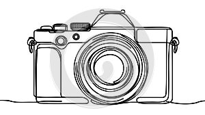 One single line drawing of old retro analog slr camera with telephoto lens.