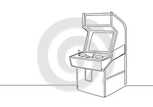 One single line drawing of old retro classic arcade video game machine at game center. Vintage coin based console game concept