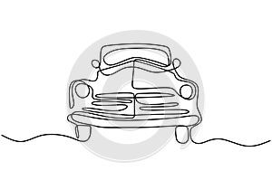 One single line drawing of old retro vintage auto car. Classic transportation vehicle concept. Vintage racing car driving on dusty