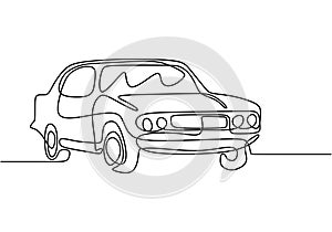 One single line drawing of old retro vintage auto car. Classic transportation vehicle concept. Vintage racing car driving on dusty