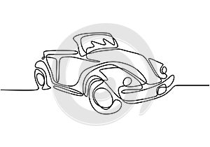 One single line drawing of old retro vintage auto car. Classic transportation vehicle concept. Vintage racing car driving on dusty