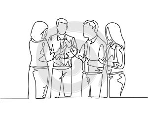 One single line drawing of project manager explain company business process to young male and female apprentices at office.