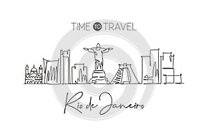 One single line drawing of Rio de Janeiro city skyline, Brazil. World historical town landscape. Best holiday destination home