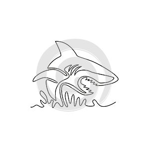 One single line drawing of ruler of the sea, shark for company logo identity. Dangerous sea fish concept for ocean nature peace