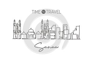One single line drawing of Sana`a city skyline, Yemen. World historical town landscape. Best holiday destination postcard print.