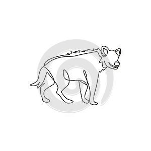 One single line drawing of scary spotted hyena for company logo identity. Scavenger animal mascot concept for national