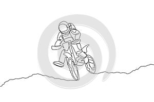 One single line drawing spaceman astronaut practicing motocross in cosmic galaxy vector illustration. Healthy outer space