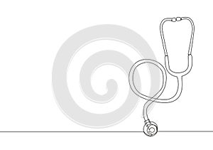 One single line drawing of stethoscope, equipment for doctor examining patient heart beat condition. Medical health care service