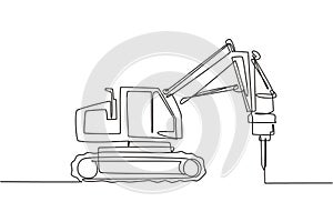 One single line drawing of truck driller for soil earth drilling vector illustration, commercial vehicle. Heavy digger machine