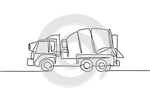 One single line drawing of truck mixer for mobile mixing cement vector illustration, commercial vehicle. Heavy machines vehicles