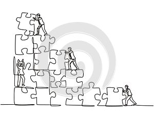 One single line drawing of two young businessman push and arrange puzzle pieces to build a strong building. Trendy business