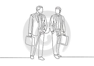 One single line drawing of two young company manager take a walk and talk together after office hour. Business conversation