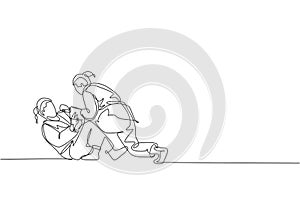 One single line drawing of two young energetic judoka fighter women battle fighting at gym center vector illustration graphic. photo