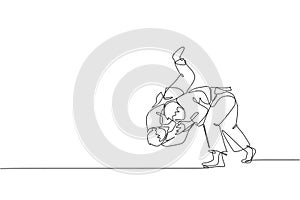 One single line drawing of two young energetic judokas fighter men battle fighting at gym center vector graphic illustration. photo