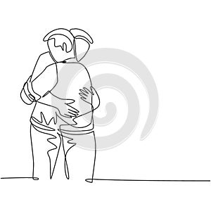 One single line drawing of two young happy managers embracing each other to congratulate job promotion at office. Felicitation