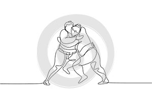 One single line drawing of two young overweight Japanese sumo men fighting at arena competition vector illustration. Traditional