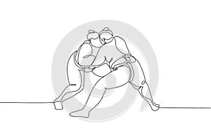 One single line drawing of two young overweight Japanese sumo men fighting at arena competition vector illustration. Traditional