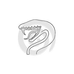 One single line drawing of venomous snake for medicine concoction logo. Deadly cobra mascot concept for dangerous lethal potion