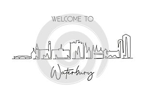 One single line drawing Waterbury city skyline, Connecticut. World historical town landscape. Best holiday destination postcard. photo