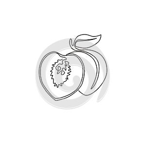 One single line drawing whole and sliced healthy organic peach for orchard logo identity. Fresh fruitage concept for fruit garden