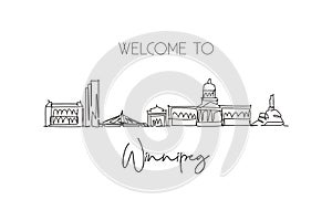 One single line drawing Winnipeg city skyline, Canada. World historical town landscape. Best place holiday destination postcard.