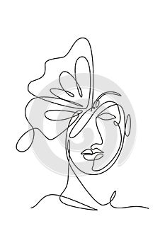One single line drawing woman with butterfly line art vector illustration. Female abstract face butterfly wings portrait
