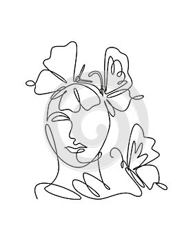 One single line drawing woman with butterfly line art vector illustration. Female abstract face butterfly wings portrait