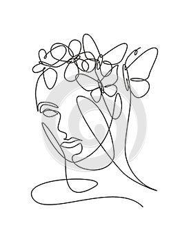 One single line drawing woman with butterfly line art vector illustration. Female abstract face butterfly wings portrait