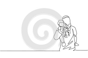 One single line drawing of young Arabian father hugging his boy son while holding robot toy vector illustration. Islamic Muslim