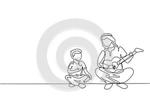 One single line drawing of young Arabian father playing guitar and singing together with his son vector illustration. Happy