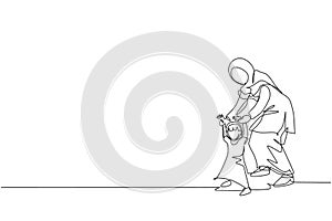 One single line drawing of young Arabian mom holding her daughter`s hand, learn to walk vector illustration. Happy Islamic muslim