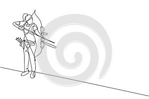 One single line drawing of young archer woman focus exercising archery to hit target graphic vector illustration. Healthy refresh