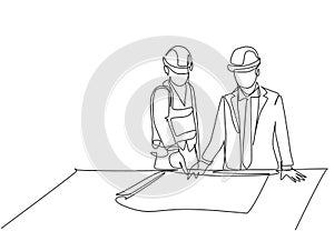 One single line drawing of young architect explaining sketch construction design to the manager. Building architecture business
