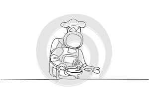 One single line drawing of young astronaut chef cooking healthy cuisine food for cafe resto using fry pan vector illustration.